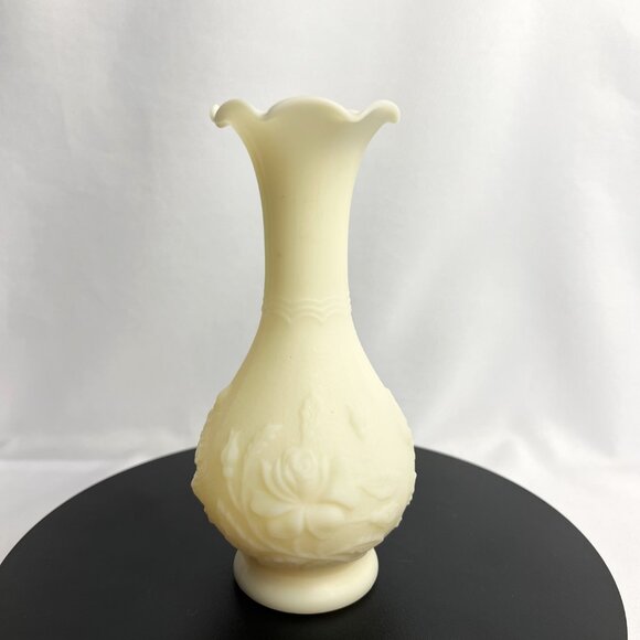 Imperial Satin Glass Vase Vintage Embossed Floral Design Ruffled Rim 9” - Picture 3 of 10